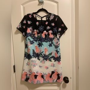 Mink pink floral/bird shift dress with cut out back detail.
